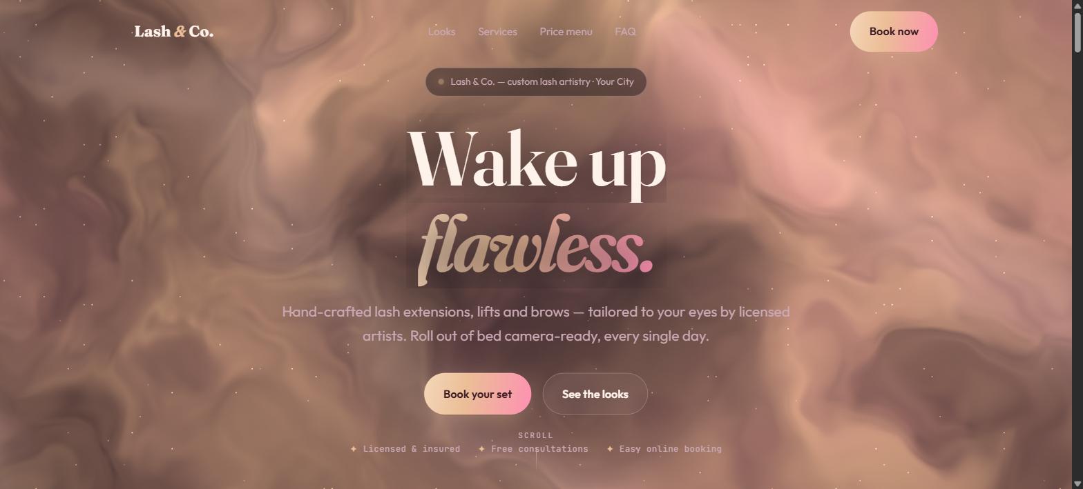 Lash & Co. demo website — rose-gold hero reading 'Wake up flawless'
